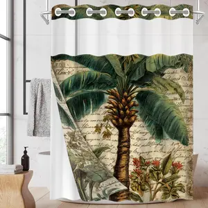 1pc hookless shower curtain with snap fastener, retro palm tree 2D flat printing, fabric waterproof inner lining shower curtain with transparent window double-layer curtain, 71 x 74 inches, modern home curtain decoration Bathroom Curtain