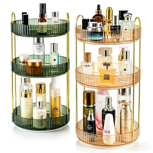 360° Rotating Makeup Organizer, 3-Tier Large Capacity Skincare Storage Rack, Luxury Cosmetic Display Case for Vanity, Perfume and Lotion Holder, Gold/Green Stylish Design for Countertop