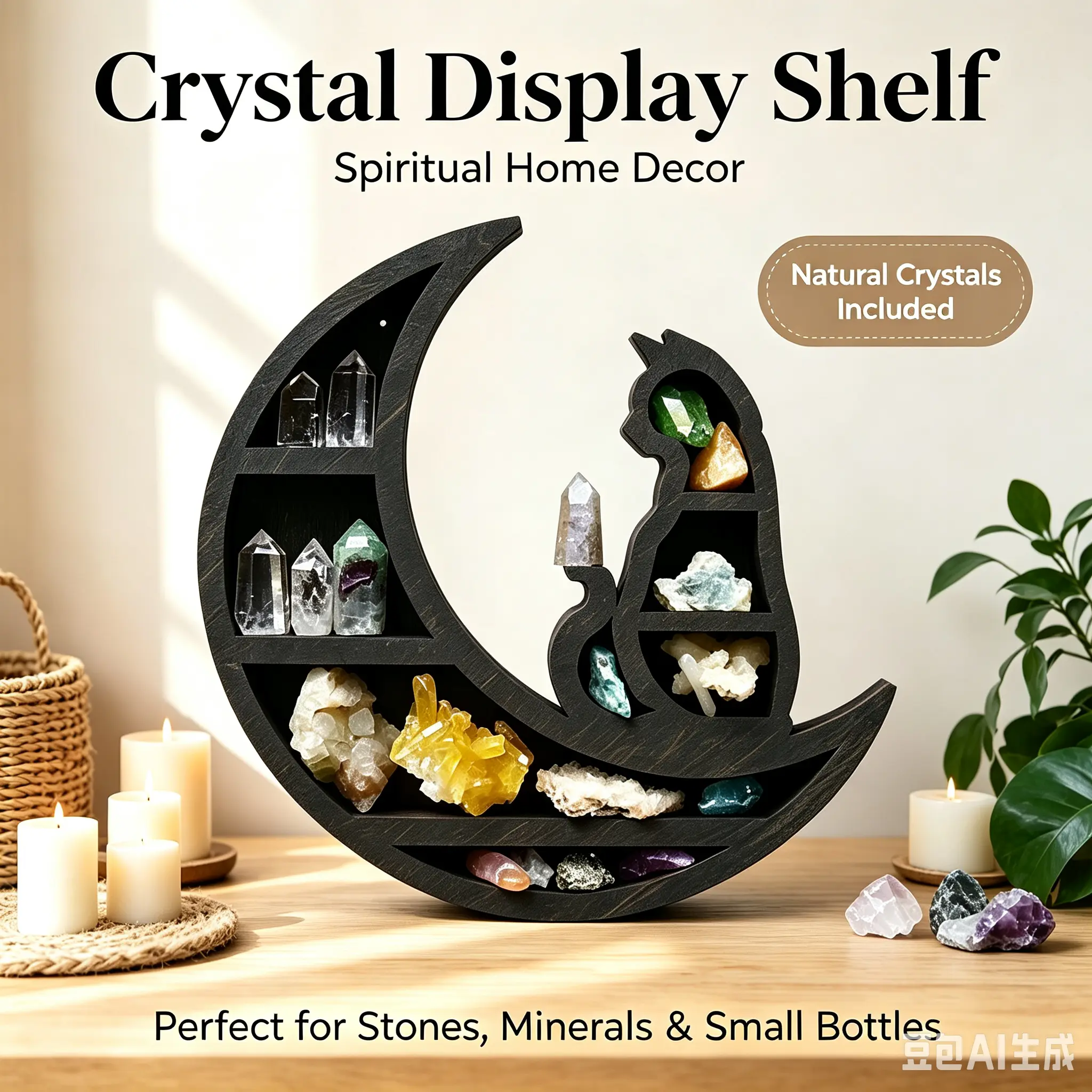 Mystic Black Cat Crystal Shelf Spiritual Altar Display Rack Healing Crystal Storage Decor