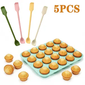 24 Cup Non-Stick Silicone Muffin and Tart Mold & 4-Piece Silicone Mini Spatulas Set, Large Silicone Muffin Baking Pan, Dual-Head Design for Baking & Jam Bottles, Kitchen Utensils, Baking Utensils Supplies