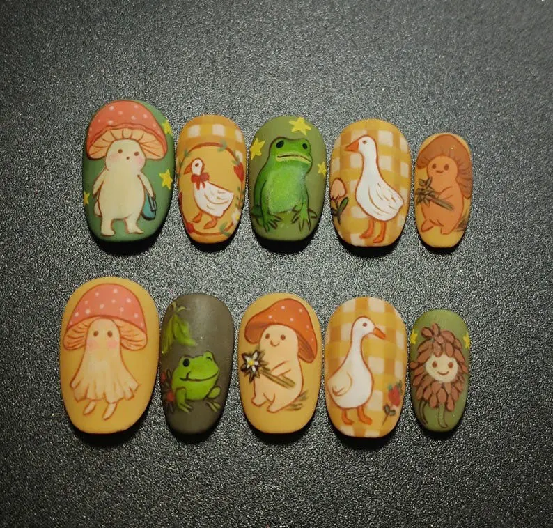 Vintage Cottagecore Garden Press On Nails, Handmade Mushroom Frog Nail Art, Goose Duck Nails, Autumn Almond Nails, Fall Vibe Nails