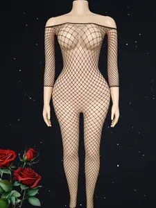 Sexy Mesh Lace-Up Hollow Out Long Sleeve High Elasticity Fishnet Waist Bodysuit Set, Breathable Plus Size Lingerie for Women, Sheer, Fit, Womenswear