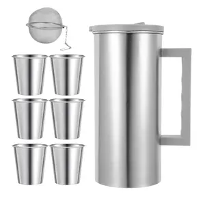 8pcs Korean Stainless Steel Cold Water Pitcher Set, Lid, Includes Filter Ball & 6 Cups, Durable, Portable, Easy Clean Design, Iced Tea Pitcher