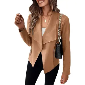 Women’s Autumn Faux Suede Leather Jacket, Long Sleeve, Front-Open, Short Coat GARMENTARY