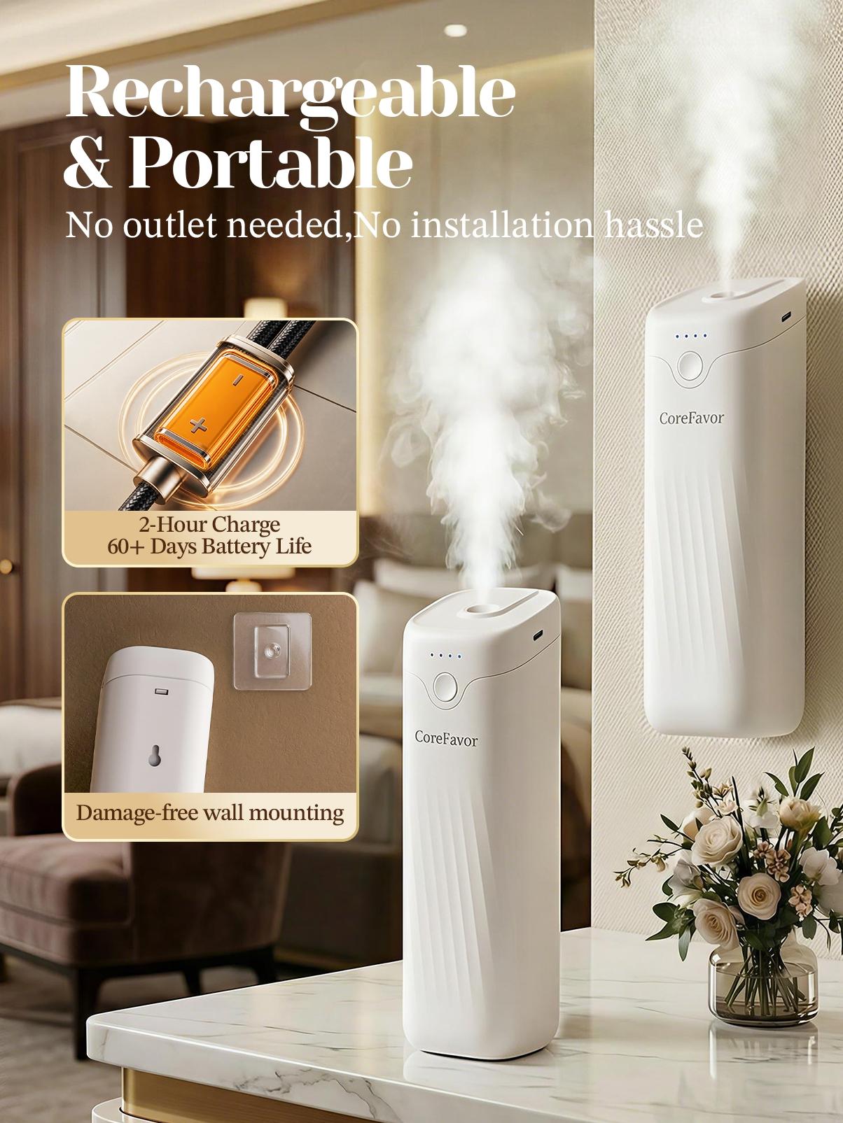 CoreFavor Waterless Essential Oil Diffuser - 120ml Aroma Oil Included, Wall-Mountable, USB Rechargeable, 4 Adjustable Scent Intensities, Low-Noise Calm Operation, Boujee Home Accessories, Ideal Gift for Bedrooms, Offices