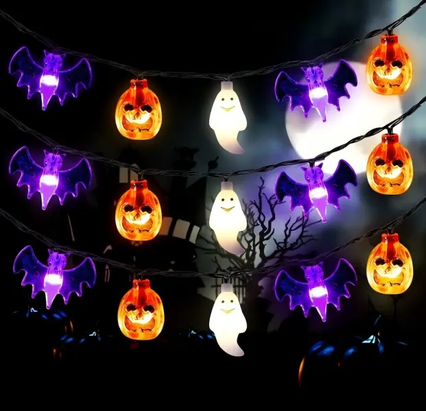 Halloween String Lights, 20FT 30 LED 3D Pumpkin Ghost Bat Decor Lights with Remote Timer & Brightness Dimmer, 8 Lighting Modes Waterproof Indoor Outdoor Holiday Decor for Yard Window Porch Home Halloween Party