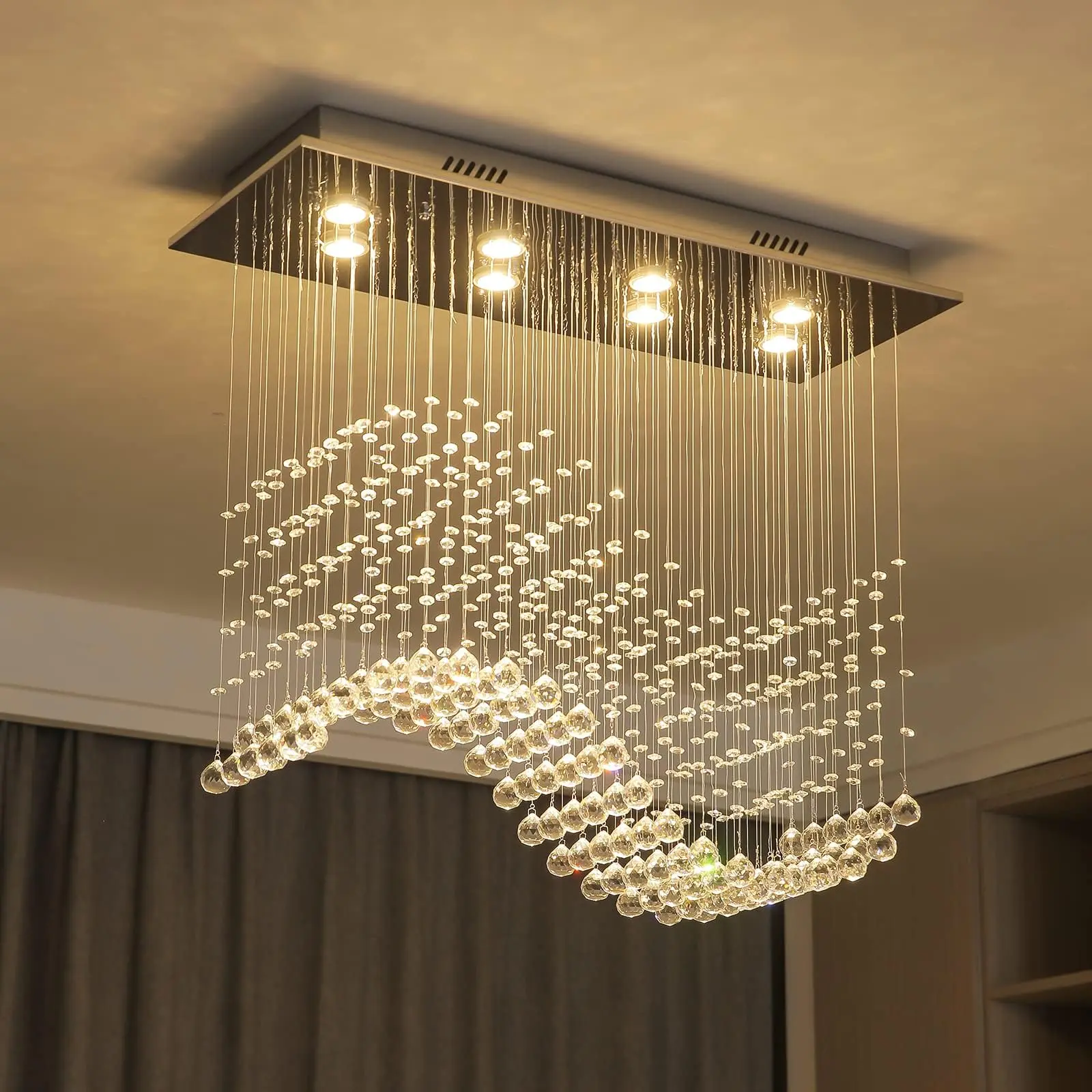 31.5in Rectangle Wave Raindrop Crystal Chandelier, Dimmable Flush Mount Ceiling Lighting, Decorative Dimming Fixture for Dining Room, Villa House