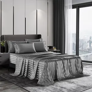 6 Piece Italian Style Bed Sheet Set Deep Stripes 1800 Luxury Rich Silk 1 Flat Sheet 1 Fitted Sheet 4 Envelope Pillowcases Stain-Resistant Wrinkle Free (Queen,Grey)