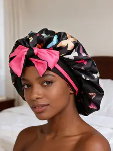 Luxurious Satin Sleep Cap, Bonnets for Sleeping, Adjustable Tie (with Bow), Unisex Night Hair Protection, Wide Brim, Elastic Band, Suitable for Curly and Straight Hair