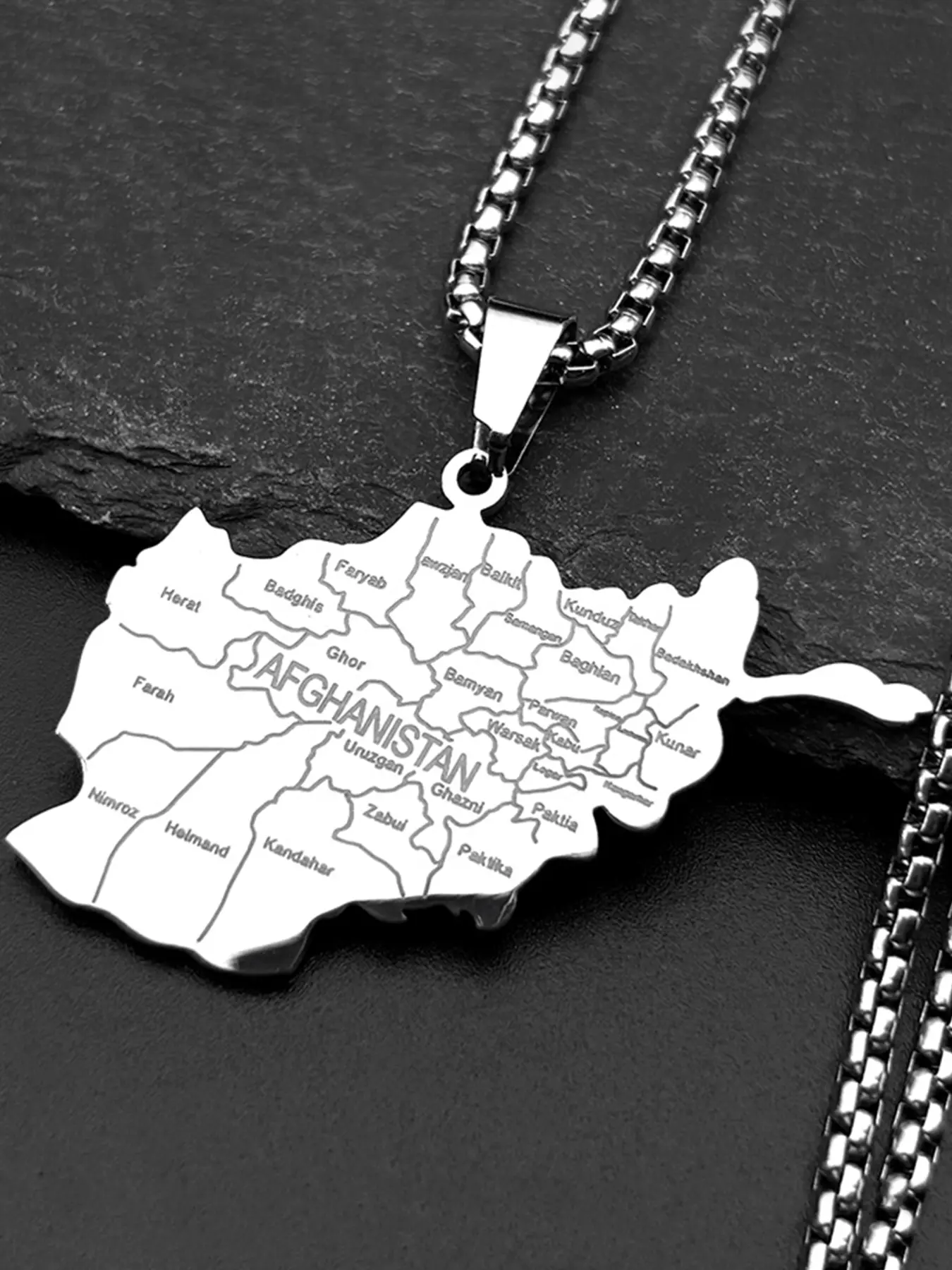 Afghanistan Map Province Name Pendant Necklace for Men Women Stainless Steel Necklaces Gold Color Ethnic National Geography Chain Minimalist Chain Necklace