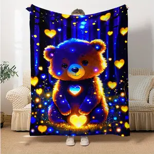 Enchanted Forest Bear Flannel Throw Blanket, Whimsical Glowing Bear & Heart Design, Super Soft Fleece Blanket for Bedroom & Kids' Room, Stylish Fantasy Home Decor