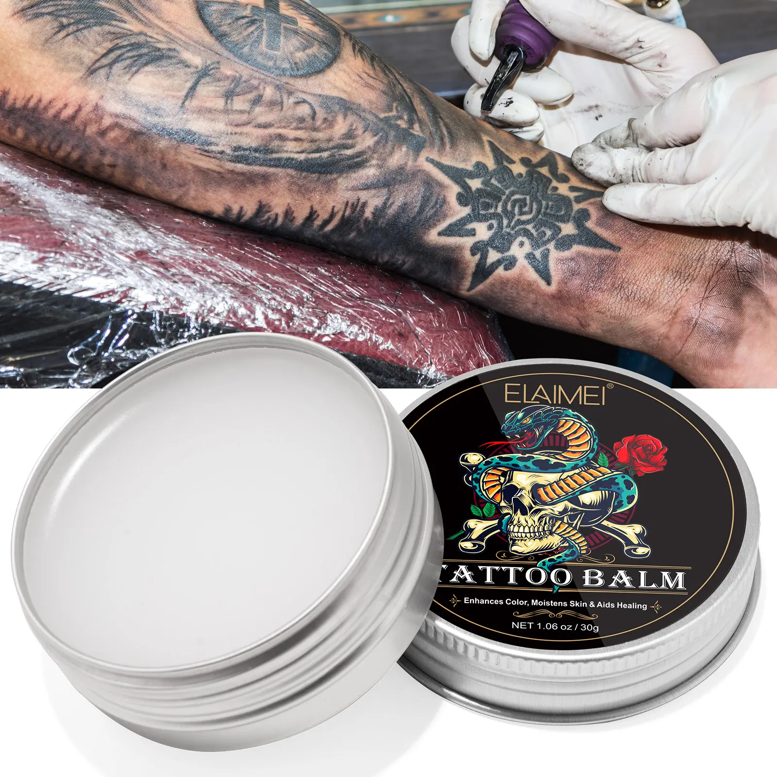 1 Count, Elaimei Tattoo Care Balm 30g, Tattoo Treatment Balm, Moisturizing Cream, Tattoo Aftercare Cream, Pre/During/Post Tattoo Care, Helps Healing and Prevents Fading, Forms Protective Barrier on Skin, Tattoo Protector