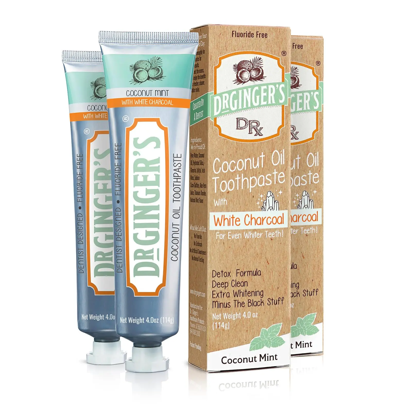 2 Pack Dr Ginger's White Coconut Charcoal Toothpaste | Patented Activated White Coconut Charcoal & Organic Coconut Oil, Gentle Whitening, Reduced Sensitivity,  Fluoride-Free, Dye-Free, Supports Healthy Oral Microbiome, Great Taste