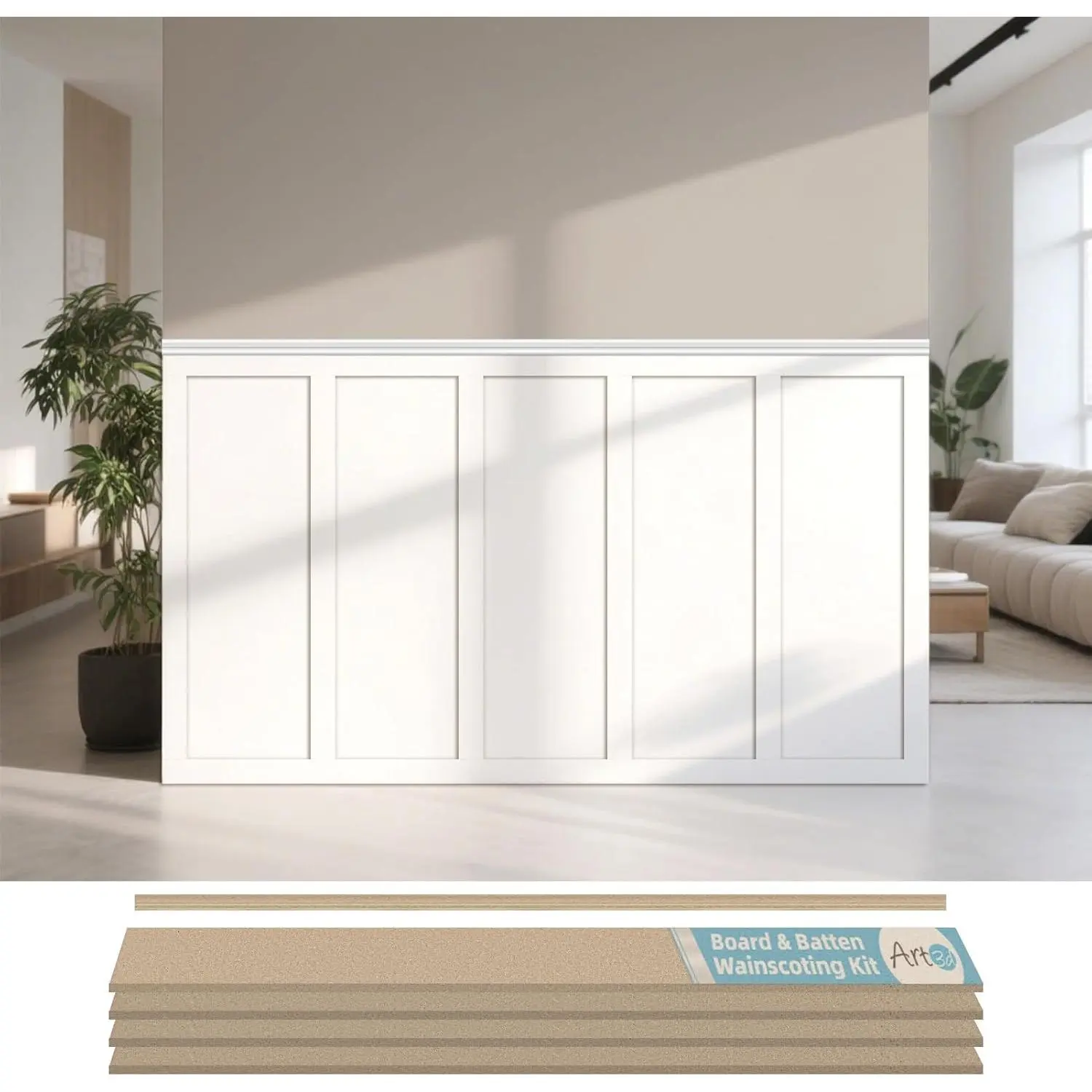 Premade Board and Batten Paintable Wainscoting Kit, MDF Accent Wall Panel for Kitchen Bedroom Living Room  Decor Covers 94.5 x 54 In. Molding Trim Slat with Edge Strip
