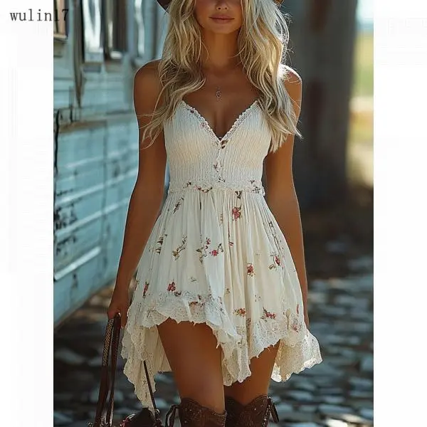 Women's Western Bohemian Floral Halter Dress - Sleeveless Sheath Style, Asymmetrical High-Low Hem, Casual Outdoor Western Outfit