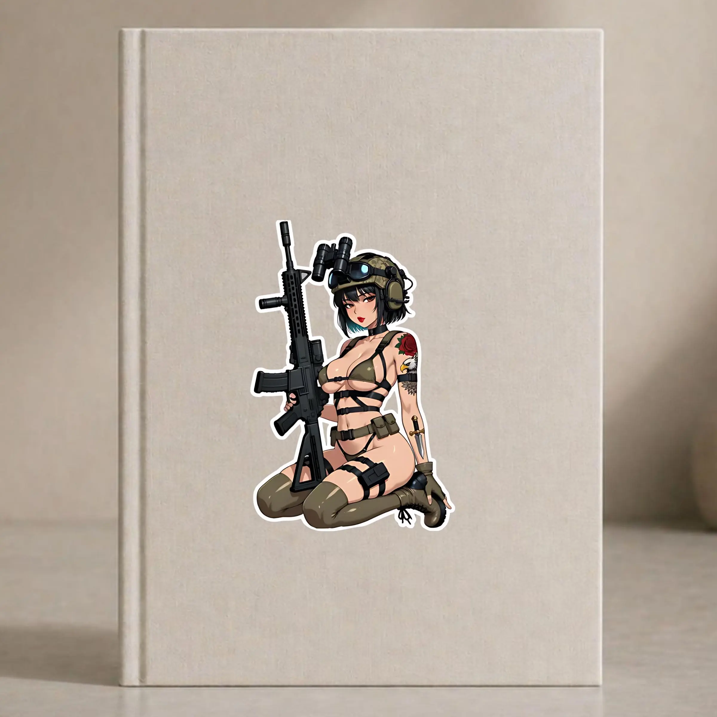 Cute Tactical Anime Girl Sticker, Ponytail Helmet Cosplay Decal for Laptop Bottle