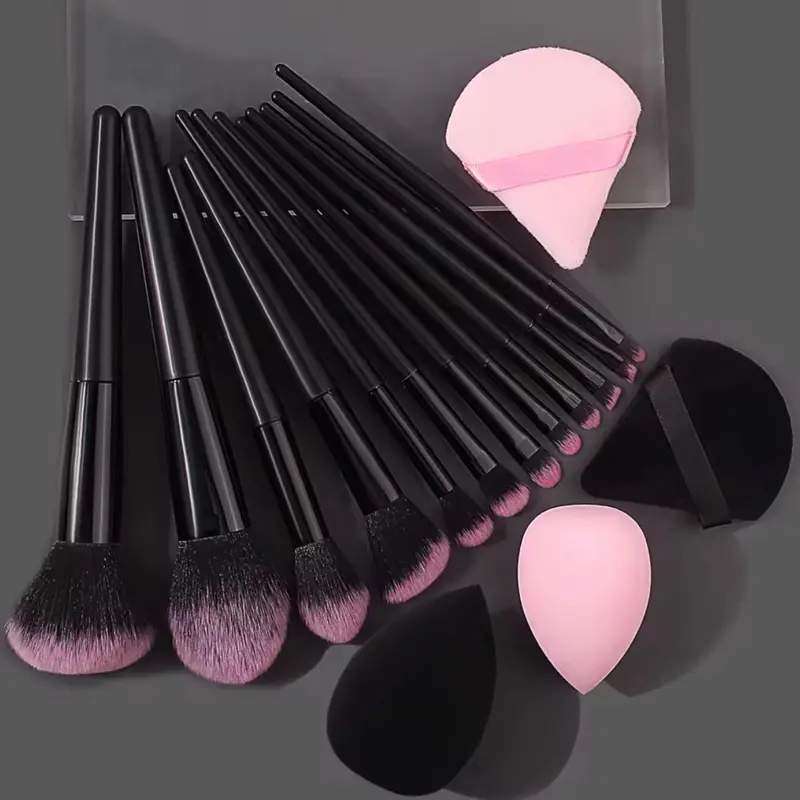 Makeup Brush Set with Pink and Black Bristles, Includes 10 Brushes and 3 Sponge Applicators for Precise Application