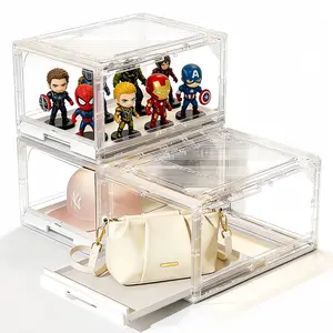 Flair Living Shop-1&2 Pack Clear Storage Display Case, Magnetic Door Stackable Organizer with Sliding Tray, Holds Up to 8 Baseball Caps, Multifunctional Cabinet for Bags Shoes Action Figures Collectibles Home Organization