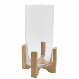 BH&G Clear Glass Hurricane Candleholder with Wood Stand - 11.5 Inches - Decor, Gift Centerpiece Friend Pillar Room Ornaments Wooden