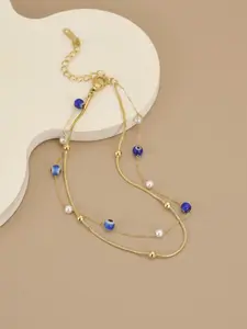 Gold Double Layer Evil Eye Anklet for Women, Dainty Blue Evil Eye Pearl Ankle Bracelet, Adjustable Boho Beach Foot Jewelry, Mal De Ojo Protection Anklet Gift for Summer