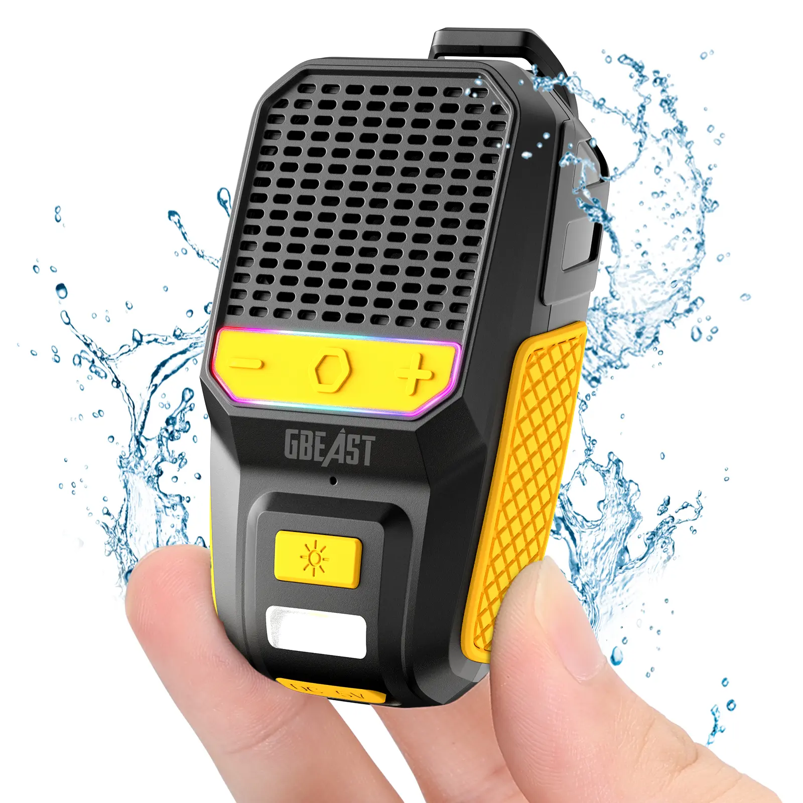 GBEAST Wearable Bluetooth Stereo Speaker Device - Clip-On Portable, Built-in Noise Reduction Mic for Hands-Free Music/Calls, RGB Light, Flashlight, Waterproof, Audios Accessory, Father's Day Dad Gift