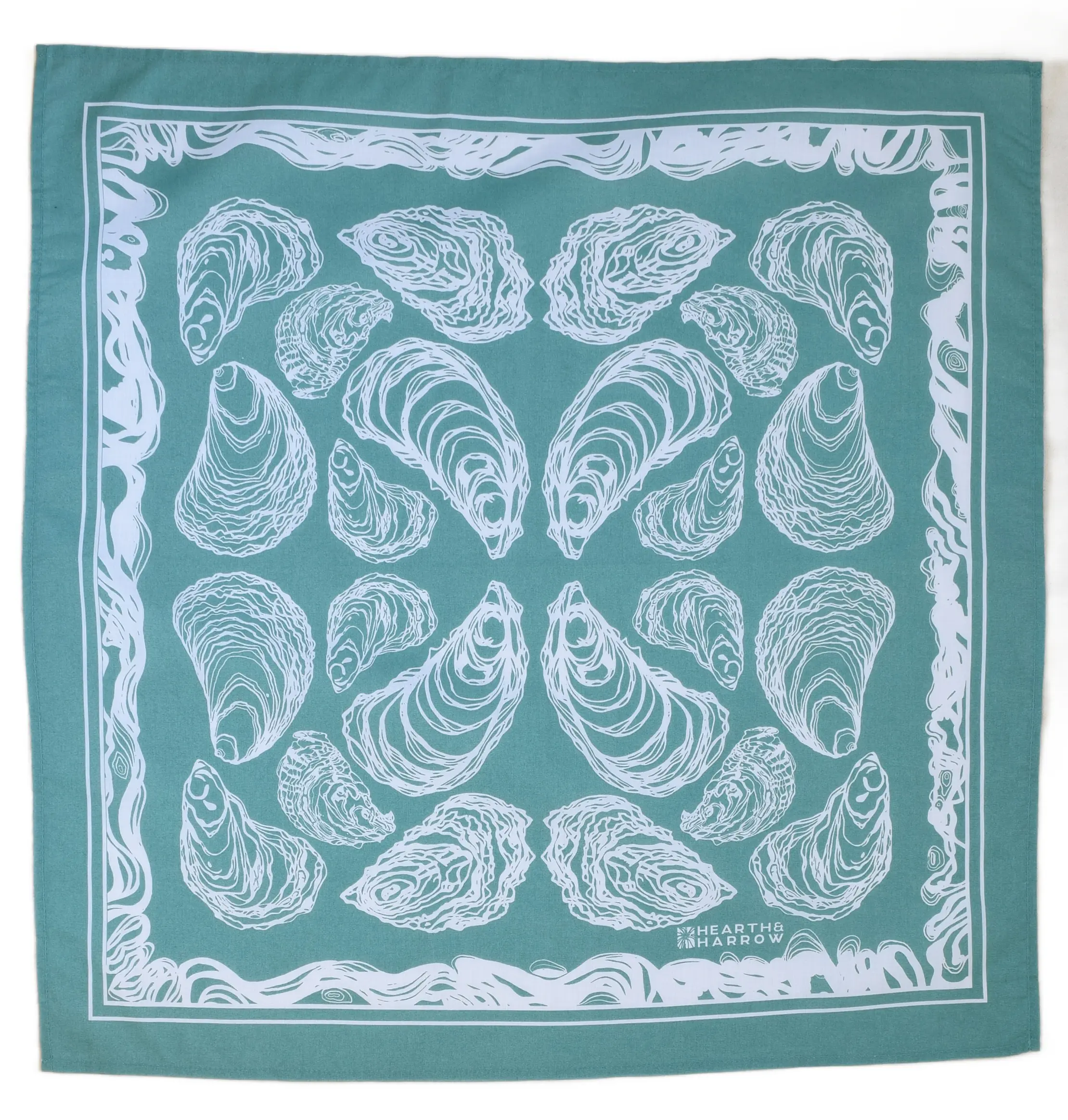 Oyster bandana - Green Blue Color - 22" x 22" - Neckerchief - Handkerchief - 100% Cotton - Hand Screen Printed