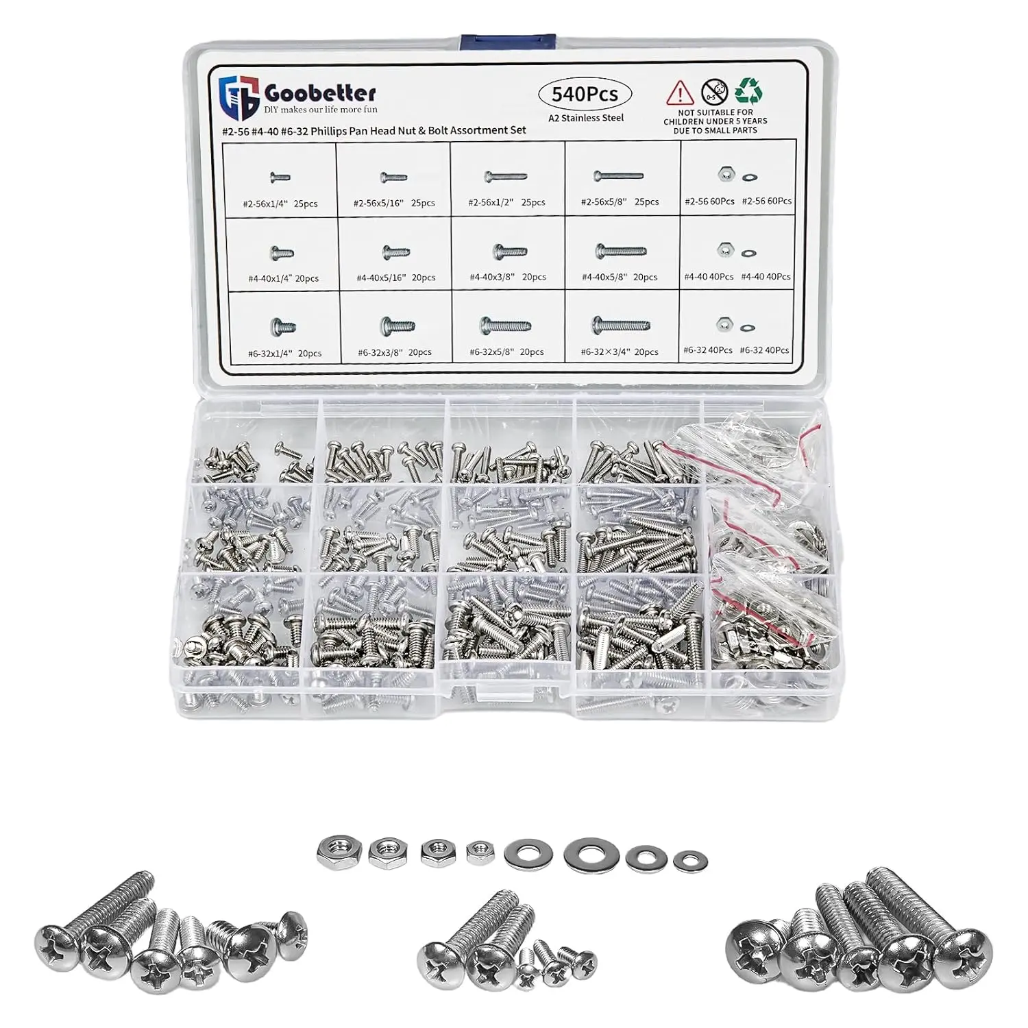 540-Piece 304 Stainless Steel Bolt and Nut Set Phillips & Flat-Head #2-56 #4-40 #6-32 for DIY Projects with Water & Corrosion Resistance Easy to Organize in Sturdy Box
