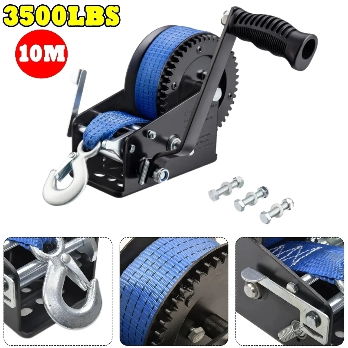 3500lbs Heavy Duty Boat Trailer Winch with 33FT Strap, 2-Way Ratchet & 4:1 Gear Trailer Winch, Portable Hand Crank Winch for Boat, Truck, Trailer, RV, ATV, Jet Ski