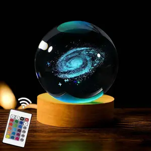 3D Galaxy Crystal Ball Lamp 6cm with Wooden Base 16-Colors Changing Light Dimmable Remote Control 3D Laser Engraving Holographic Night Light for Bedrooms Living Rooms Offices