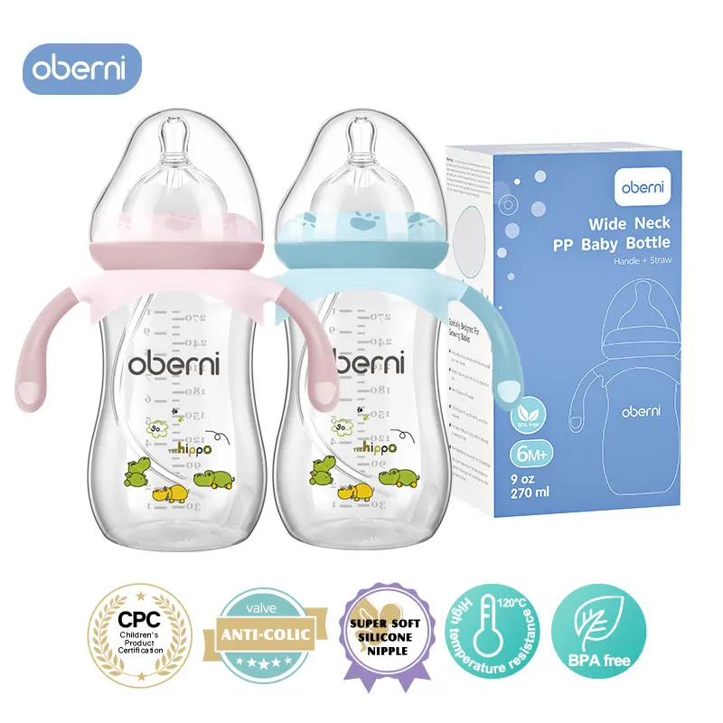 oberni Eco-Friendly Baby Feeding Container, 9oz Wide-Neck Polypropylene Design with Comfortable Anti-Colic Silicone Nipple, Weighted Straw & Handle