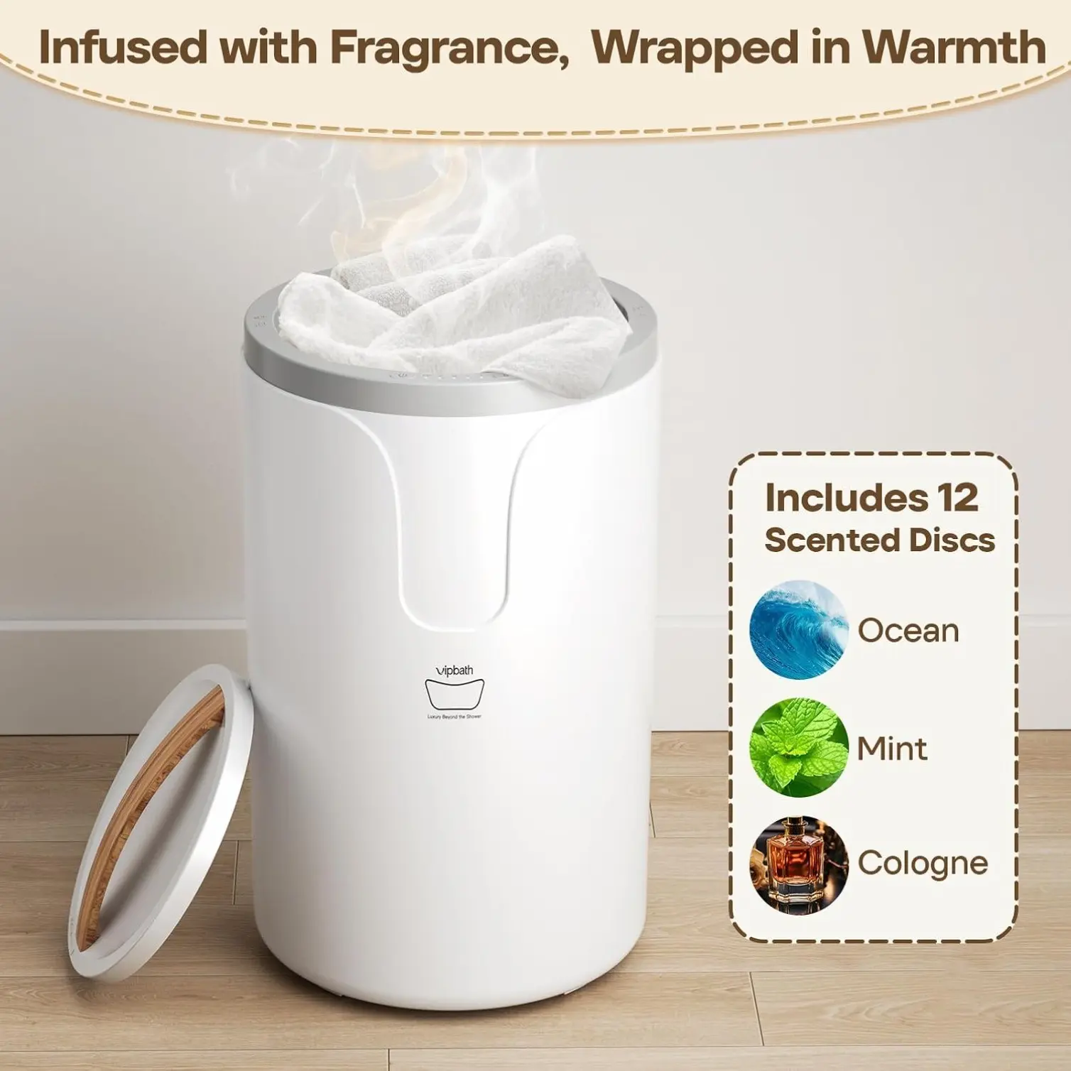 20L Towel Warmer for Bathroom,Dual Heat, 30/60/90 Min Presets 12 Fragrance Discs