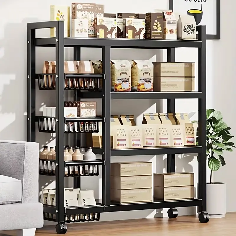Black Metal Storage Rack with 4 Shelves and Casters for Organizing Books and Decorative Items