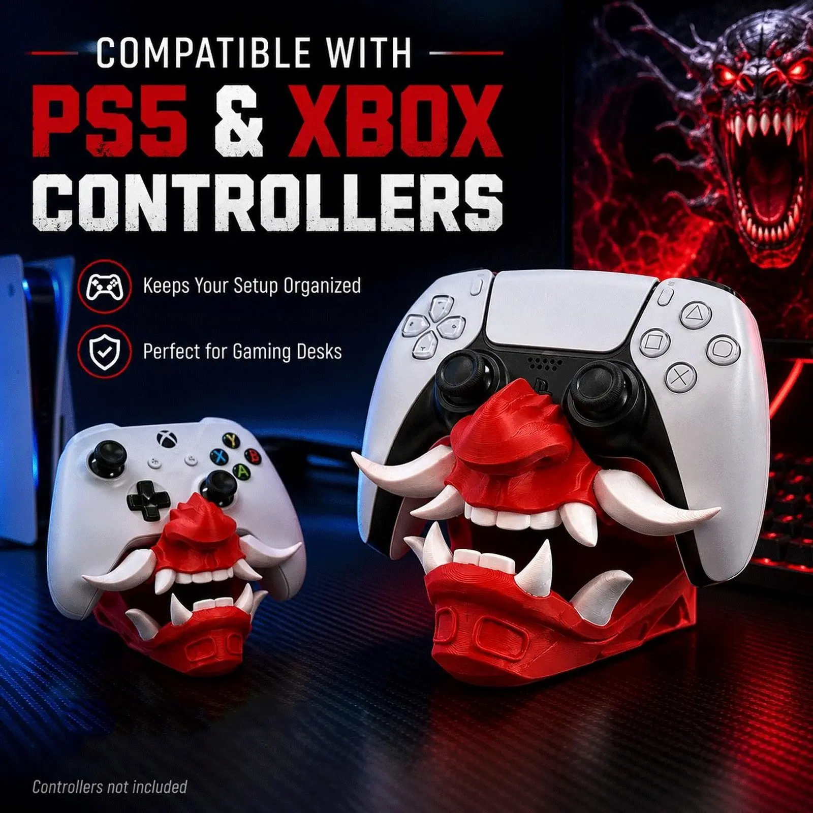 3D Printed Monster Controller Stand for Ps5-Xbox, Demon Mouth Gaming Holder, Desktop Display, Gamer Desk Accessory, Stylish Storage Organizer, Gaming Controller Mount, Game Console Accessories