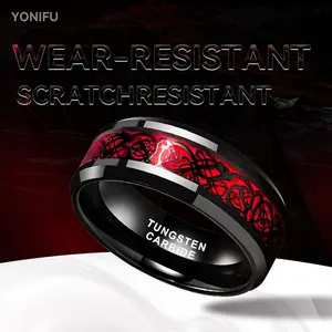 YONIFU Tungsten Carbide 8mm Mens Heavy Duty Ring with Red Celtic Dragon Inlay Scratch Resistant Durable Wedding Band Modern Stylish Design Comfort Fit Polished Black Finish