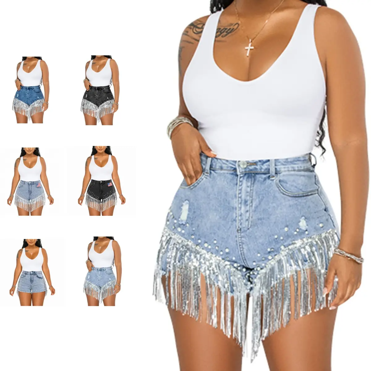 Women Denim Short Rhinestone Pearl Beaded Fringe Tassel Jean Shorts