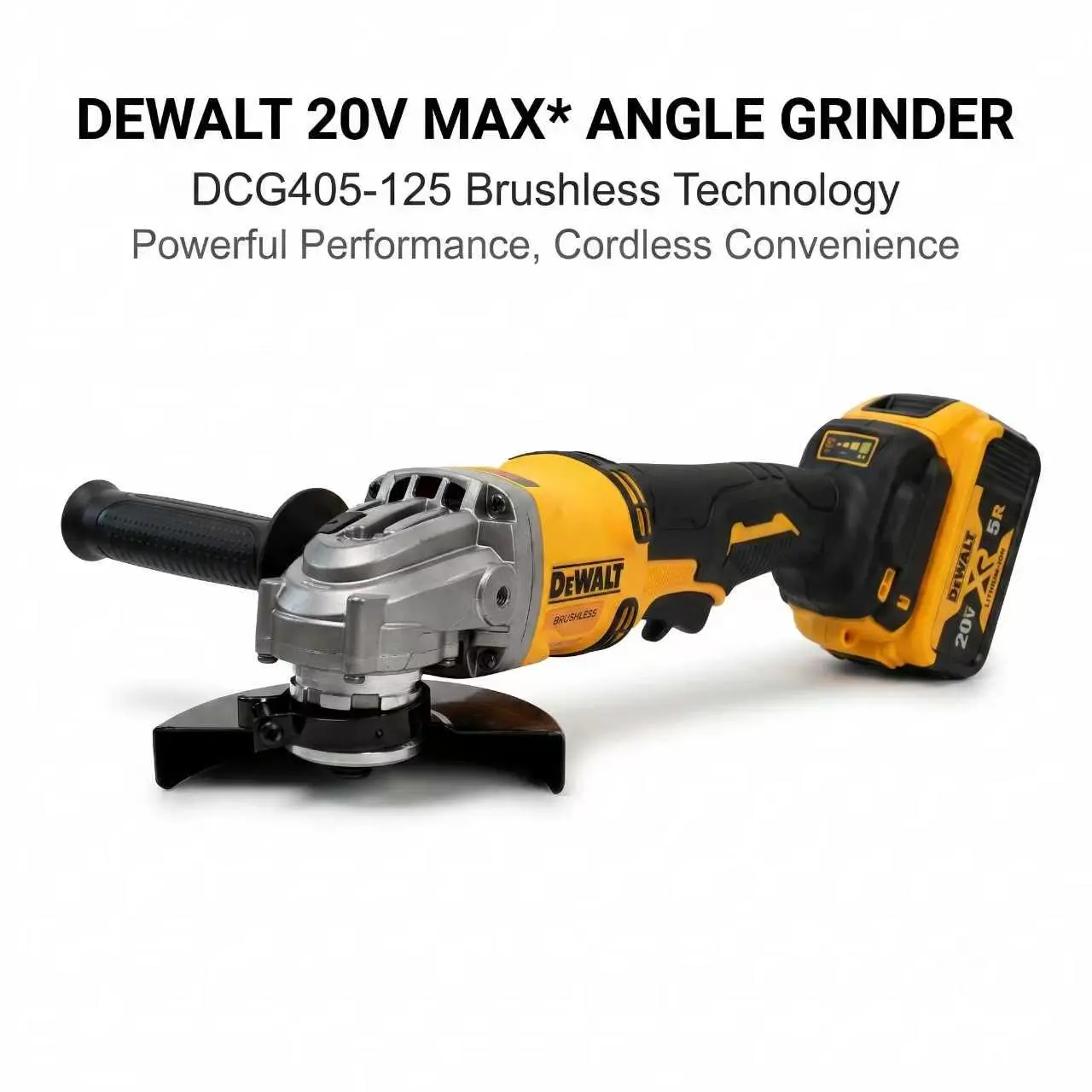 DEWALT DCG405 Brushless Cordless Angle Grinder - 20V Li-ion Batteries, 125mm, 9000 RPM, 310mm Long, M14 Spindle, Variable Speed Controller, High-Power Metal Cutting Tool for Rebar/Stone, Compact Hand Tool for DIY Users, Job Site Mechanical Work, Brushless