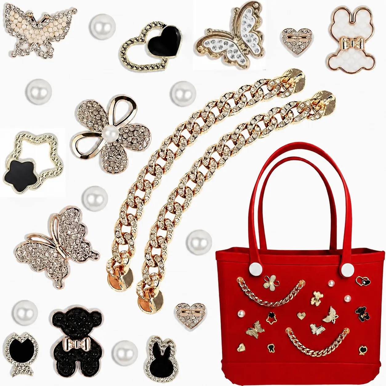 Lightweight Basic Bogg Bag Shoe Decoration Charms - 20-Piece PVC Resin Accessories with Pearls, Butterflies, Flowers, Chain Accents for Bridal Shopping, Thanksgiving, Holiday Use, Parties, Mothers, 0.63-Inch Button Diameter, Abs, Casual, Decorating Beach,