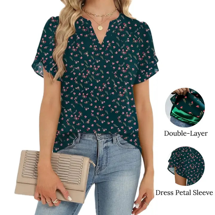 Women's Chic Chiffon Blouse, Feminine Petal Short Sleeve V-Neck Top, Lightweight Double-Layer for Work & Casual Day Wear