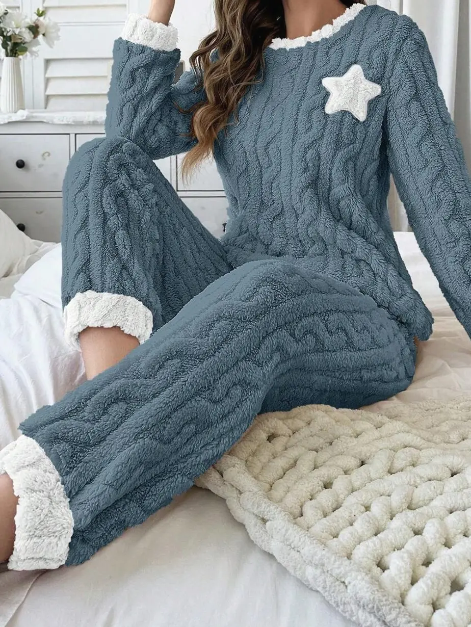 2-Piece Star Embroidered Fluffy Pajama Set in Dusty Blue, 100% Polyester