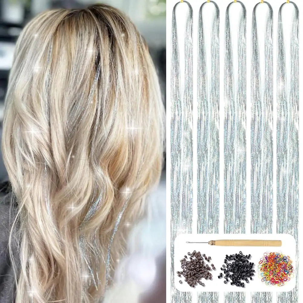 Hair Tinsel Kit with Tools 48 Inch 1200 Strands Heat Resistant Sparkling Glitter Tensile Hair Accessories for Girls & Women
