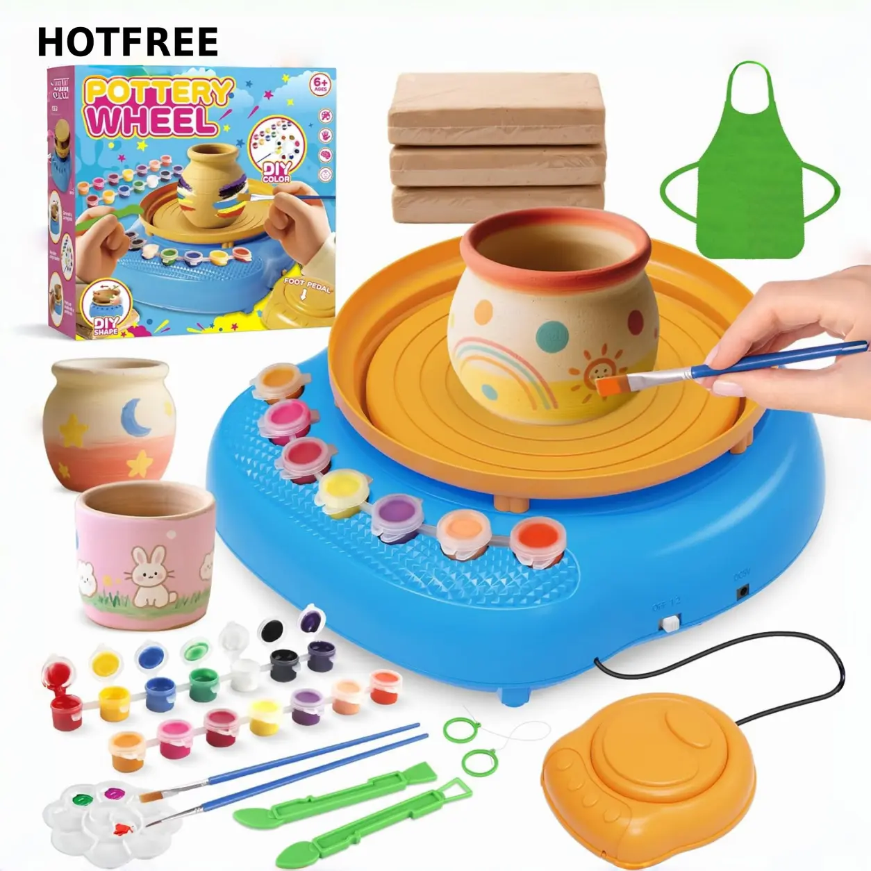 HOTFREE Kids' Pottery Wheel Kit, Complete Set with Air-Dry Clay and Painting Tools, DIY Arts & Crafts Gift for Ages 6-12 Boys & Girls