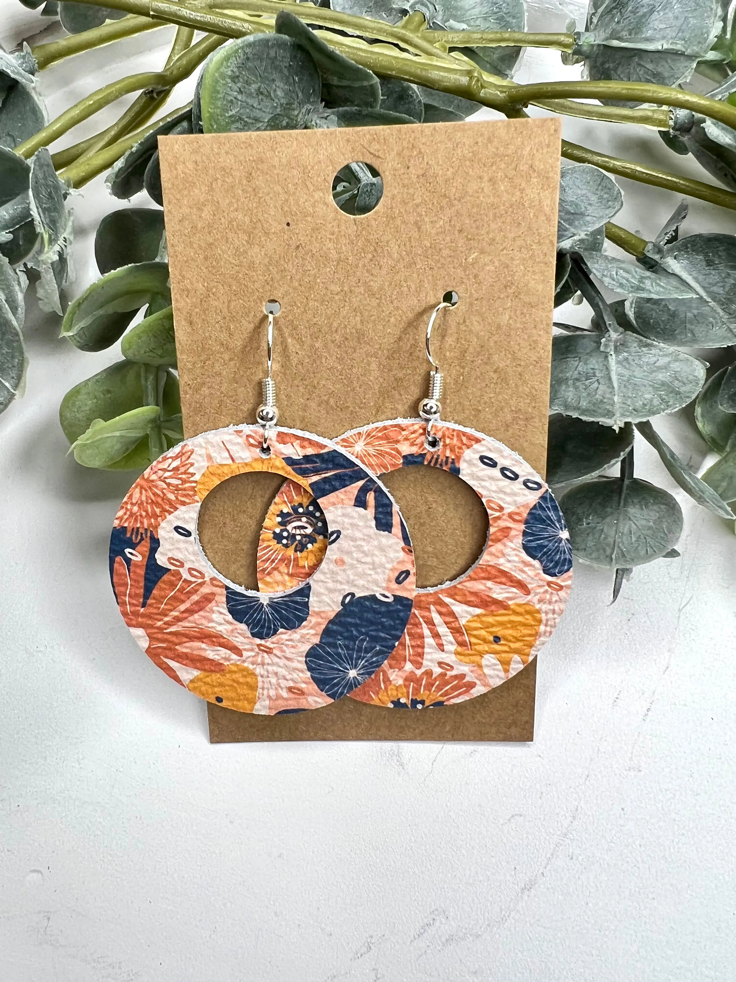 Orange Floral Hoop Leather Earrings