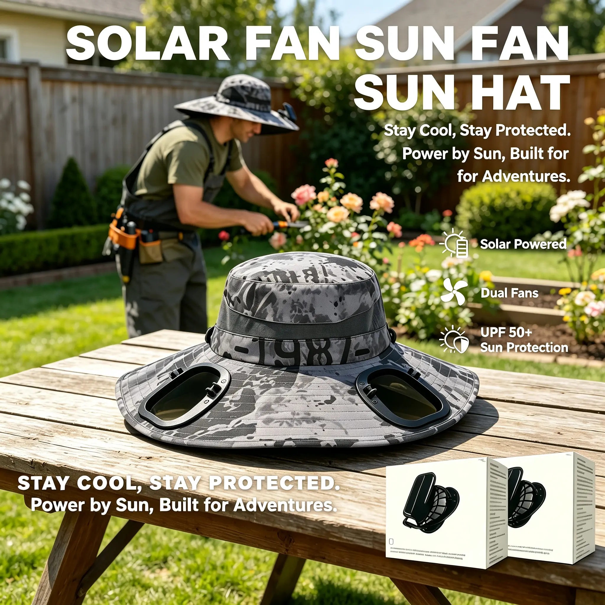 2026 Outdoor Wide Brim Dual Fan Cooling Sun Hat for Men & Women, USB Rechargeable & Solar Powered, UPF 50+ UV Protection, Waterproof Breathable Hat for Gardening, Yard Work, Fishing, Camping, Hiking, Beach & Outdoor Work