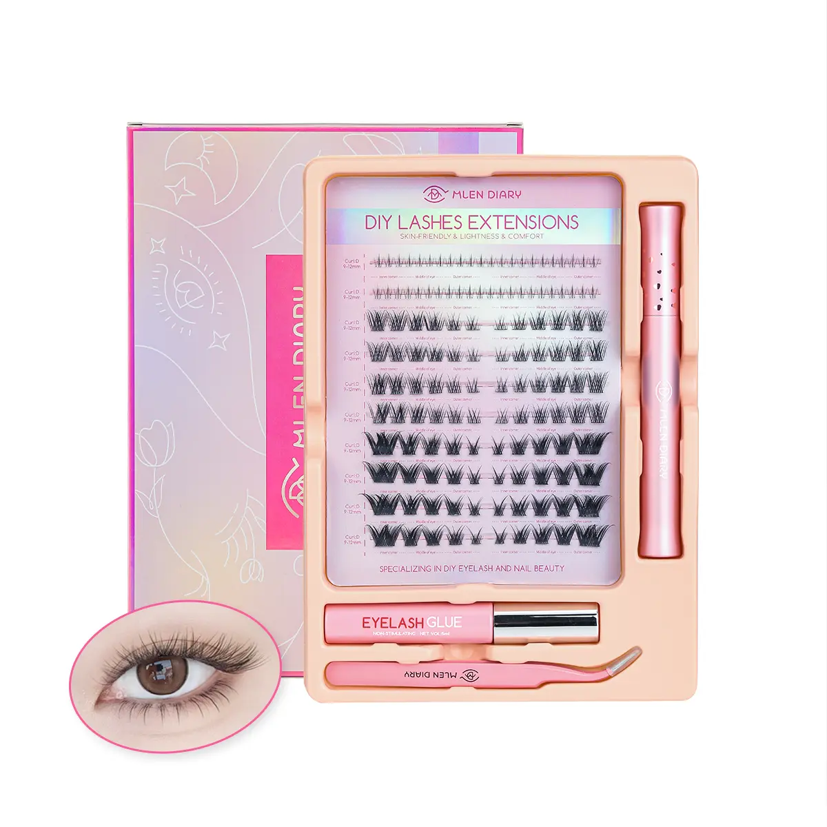 Mlen Diary Cat Eye Eyelashes Extension Set & 2 in 1 Lash Bond Reusable Individual D Curl False Eyelashes Length 9-14mm Within Lower Lashes Glue Set Included Remover And Tweezer
