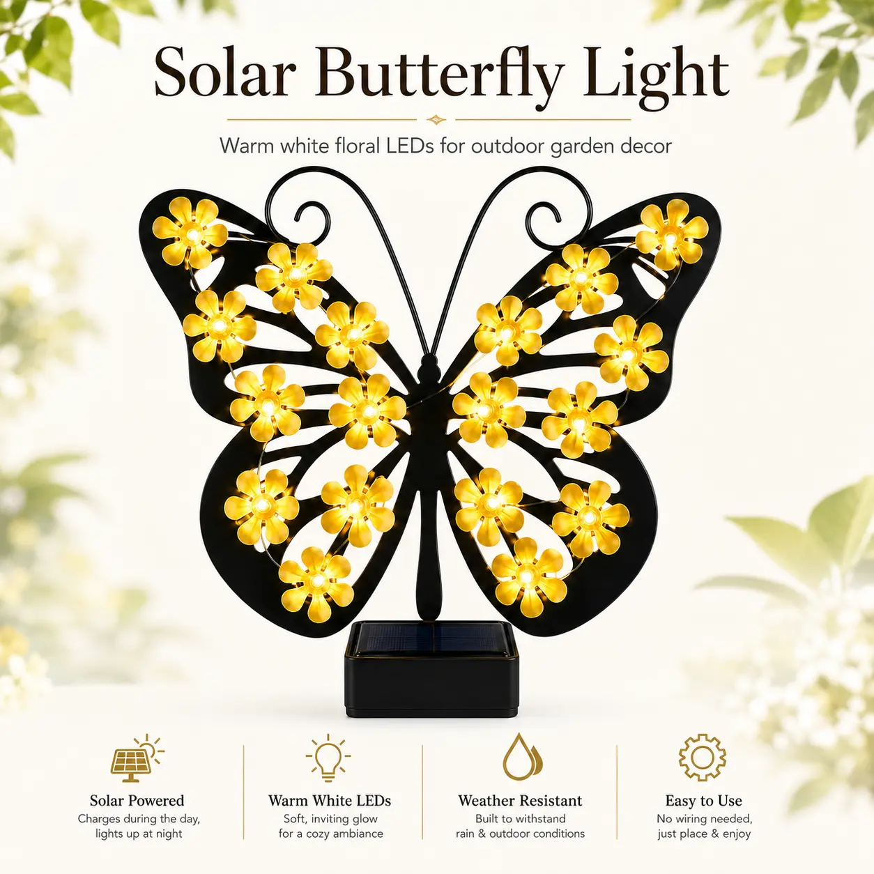 Static Solar Butterfly Garden Light, Warm White LED Flower Lamp, Outdoor Fence & Wall Decor, Waterproof Ornament for Patio, Yard, Porch, Lawn and Backyard, Size: 10.24 x 1.97 x 9.25 in