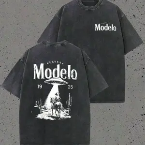 Modelo UFO Cowboy Graphic-Shirt – 230g Heavyweight Vintage Washed Cotton Retro Streetwear Tee With Cerveza Modelo Letter Print, UFO Western Cowboy Desert Scene Design, Y2K Oversized Casual Short Sleeve Men's Summer Fashion Summervibes