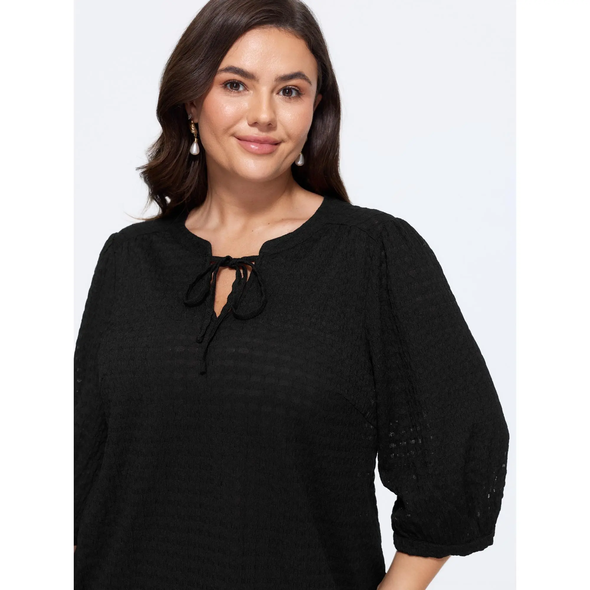 BloomChic Plus Size Minimalist Casual Neck Tie Blouse in a Solid Crinkle Textured Spandex with 3/4 Sleeve