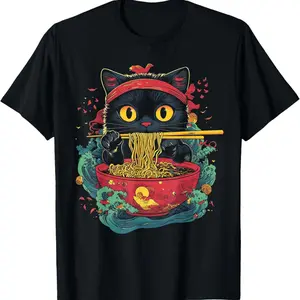 Japanese  Cat, Kawaii  Cat Eating Ramen T-Shirt Crewneck Menswear Top Black