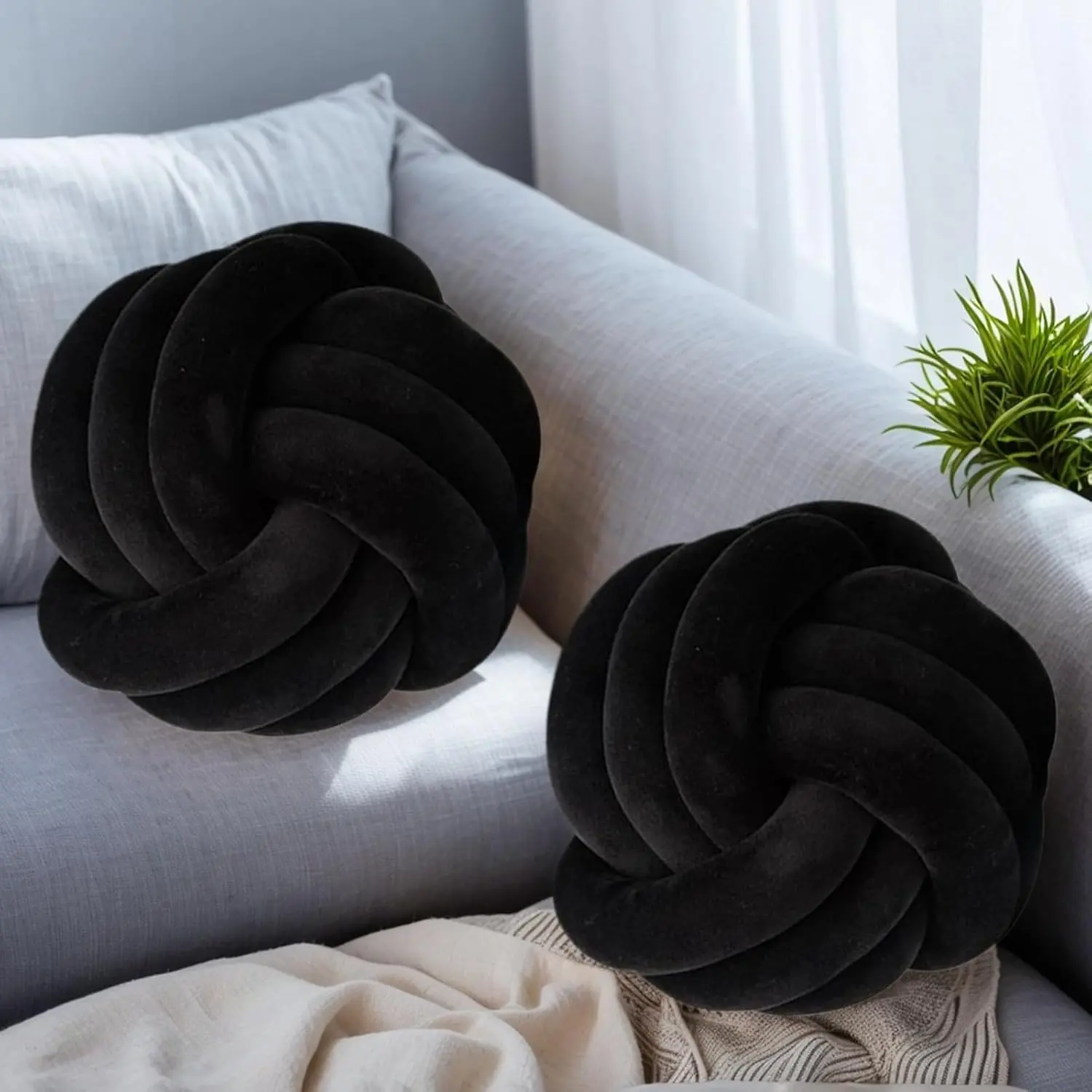 2 count Knot Pillows, Black Knotted Ball Pillow Plush Throw Pillows for Bed Sofa Couch, 8.7" Decorative Round Pillow Cushions