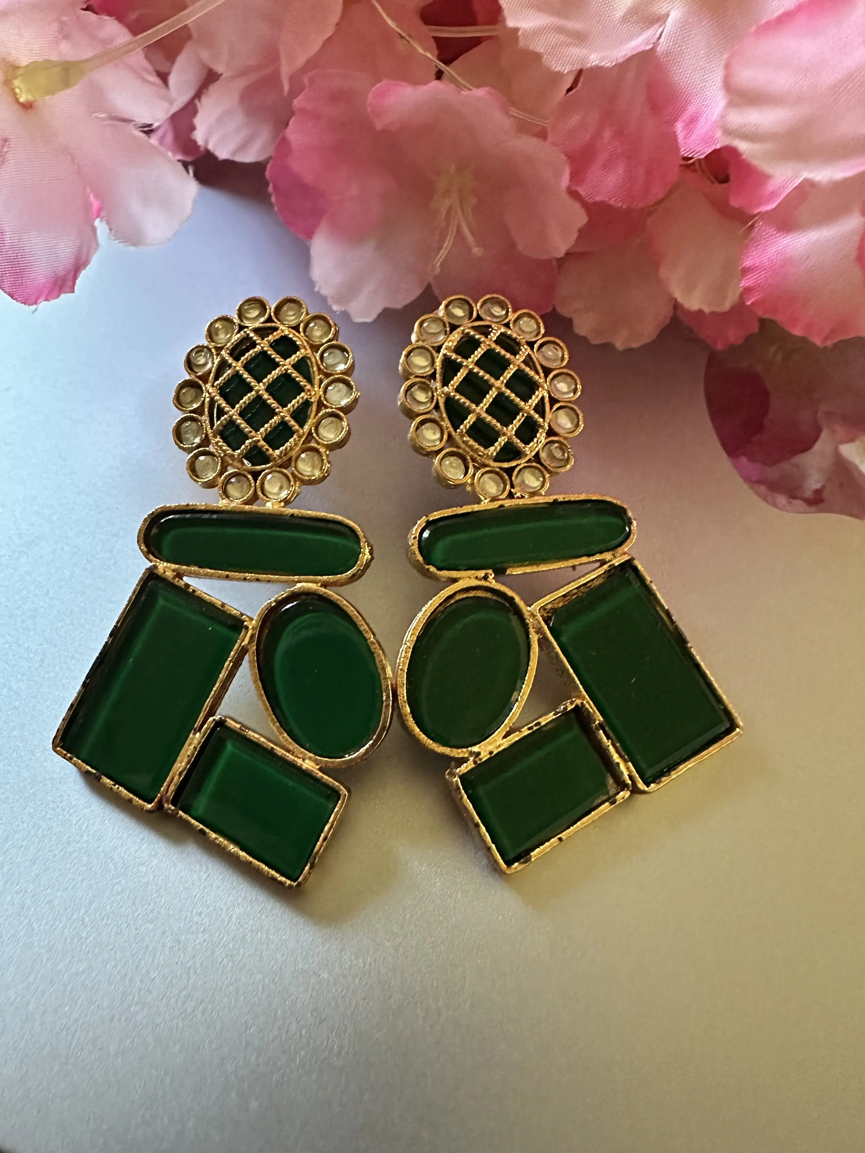 Indian Handmade Stud Earrings in Green Stones Gold-Tone Green Geometric Design Earrings Unisex Elegant Artistry & Versatile Appeal